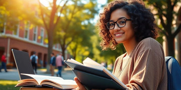 University student studying in a vibrant campus environment.