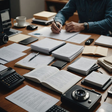 Researcher managing documents for a proposal on a desk