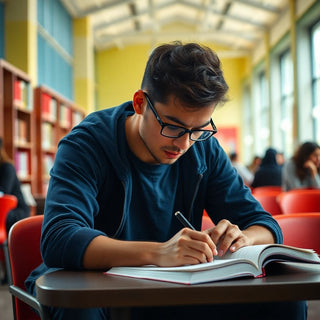 University student writing in a colorful, vibrant study environment.