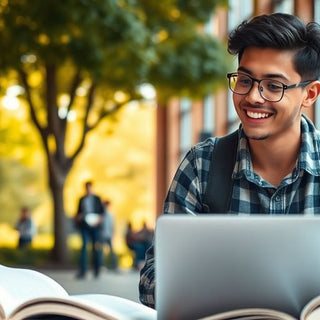 University student in a vibrant campus environment with books.