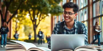 University student in a vibrant campus environment with books.