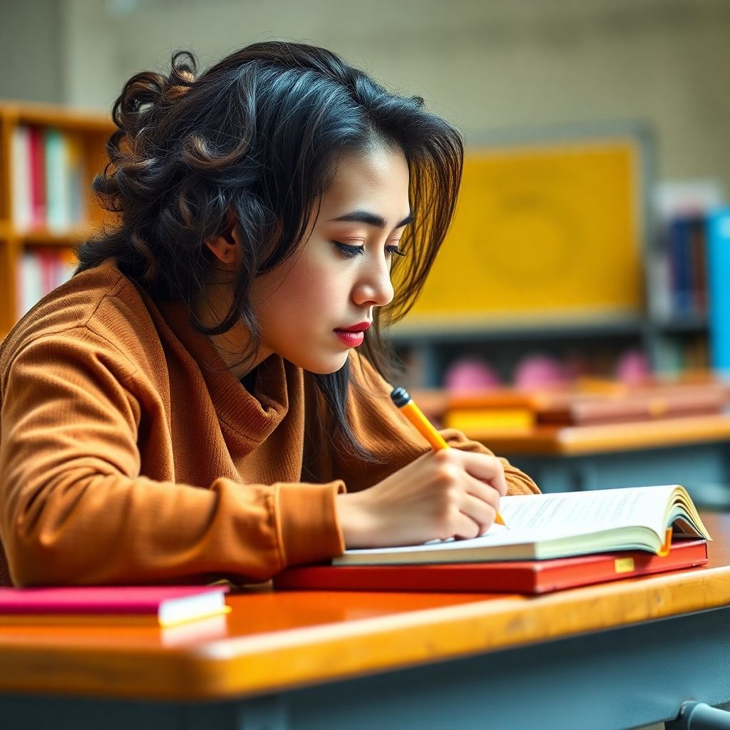 विश्वविद्यालय का छात्र अपनी डेस्क पर लिख रहा है।