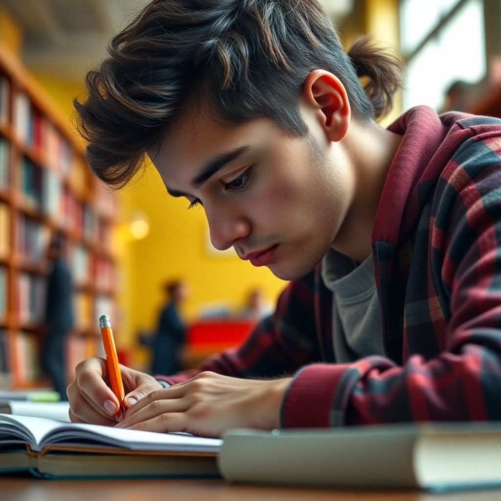 University student writing in a colorful study environment.