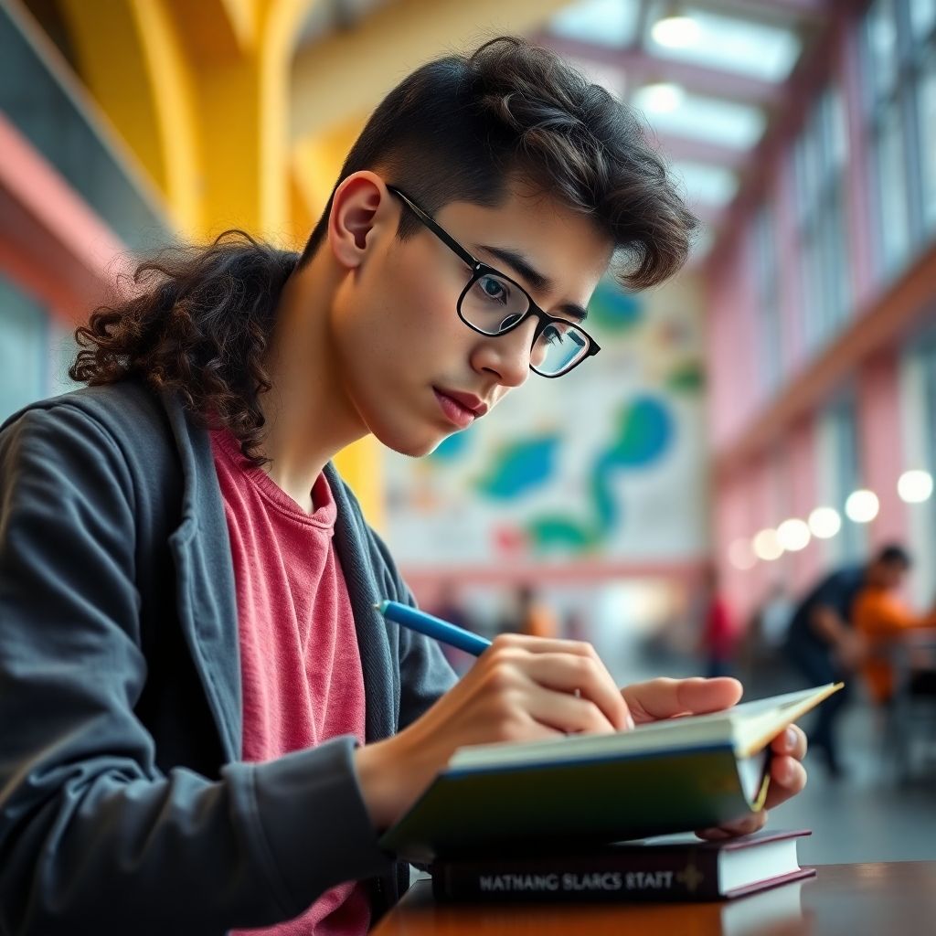 A university student writing in a colorful setting.