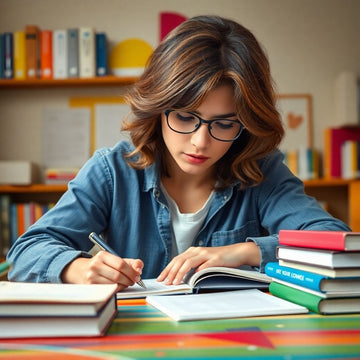 Estudante universitário escrevendo em um ambiente vibrante.