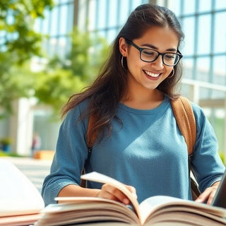 University student in a vibrant campus with books and laptop.