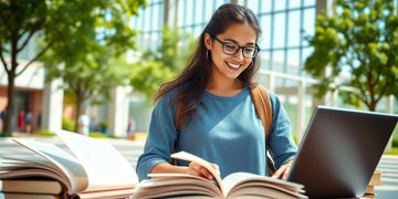 University student in a vibrant campus with books and laptop.