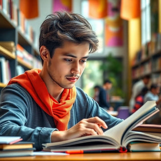 University student studying in a vibrant, colorful setting.