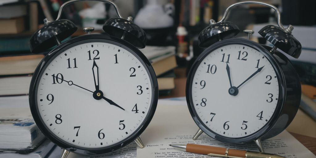 Clock, pen, books, and coffee in a study setting.