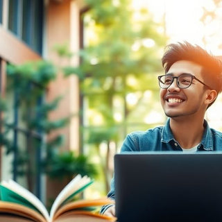 University student studying in a vibrant campus setting.