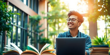 University student studying in a vibrant campus setting.