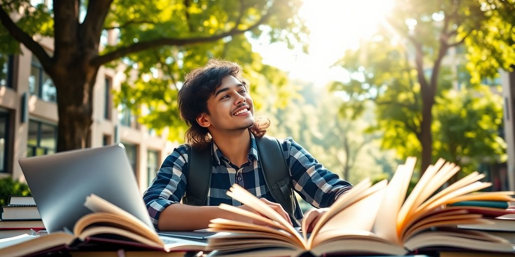 University student studying in a lively campus environment.