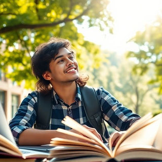 University student studying in a lively campus environment.