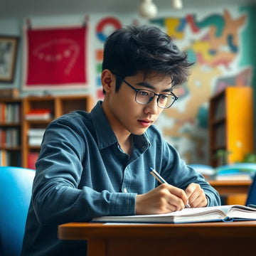 University student writing in a colorful study environment.