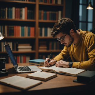 Estudiante trabajando en su tesis con libros y laptop