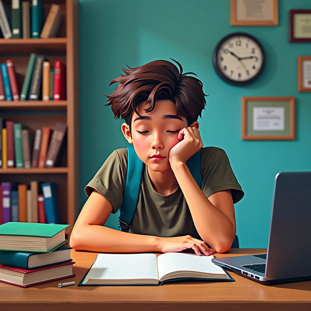 Student contemplating at a desk, surrounded by books.