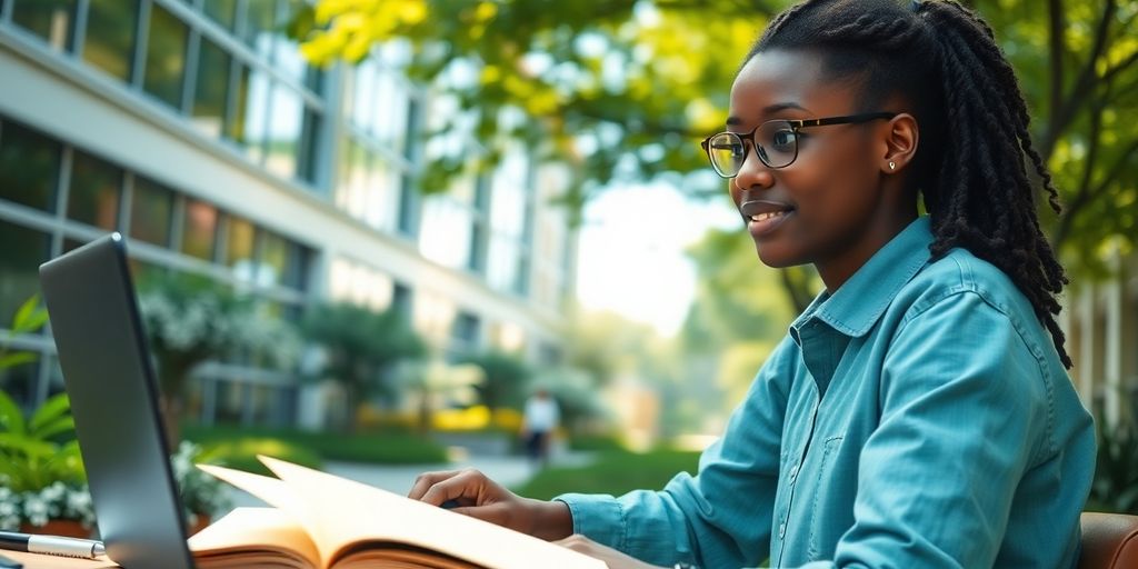 University student studying in a vibrant campus setting.