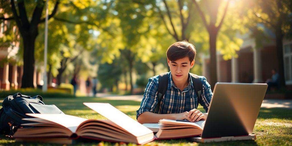 University student on a vibrant campus surrounded by books and laptop.