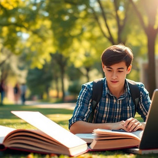 University student on a vibrant campus surrounded by books and laptop.