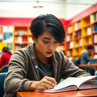 University student writing in a vibrant study environment.