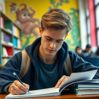 University student writing in a vibrant study environment.