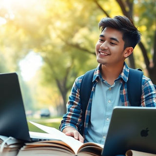 University student in a dynamic campus environment with books.