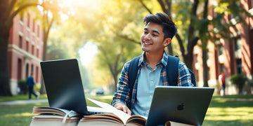 University student in a dynamic campus environment with books.