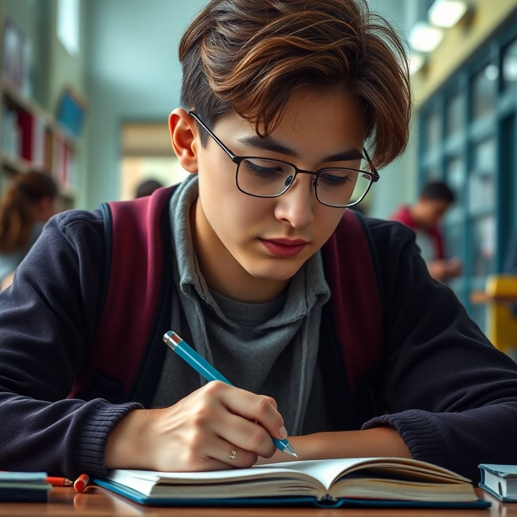 विश्वविद्यालय का छात्र एक रंगीन वातावरण में लिख रहा है।