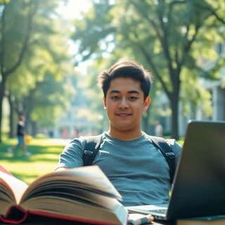 University student in a vibrant campus environment with books.