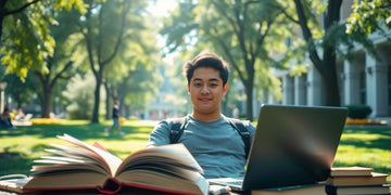 University student in a vibrant campus environment with books.