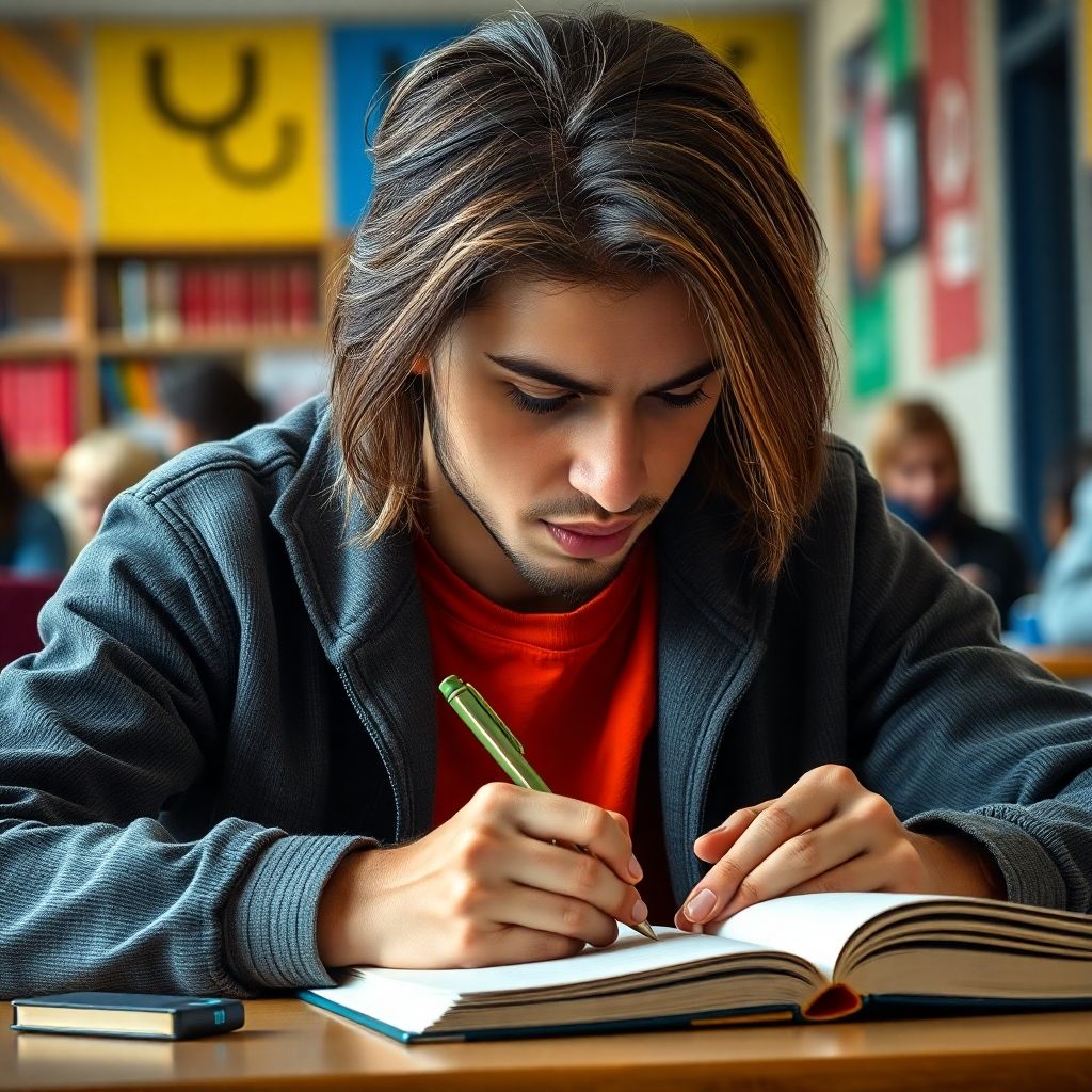 University student writing in a vibrant, colorful setting.