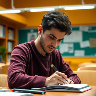 University student writing in a vibrant study environment.