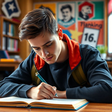 University student writing in a vibrant study environment.