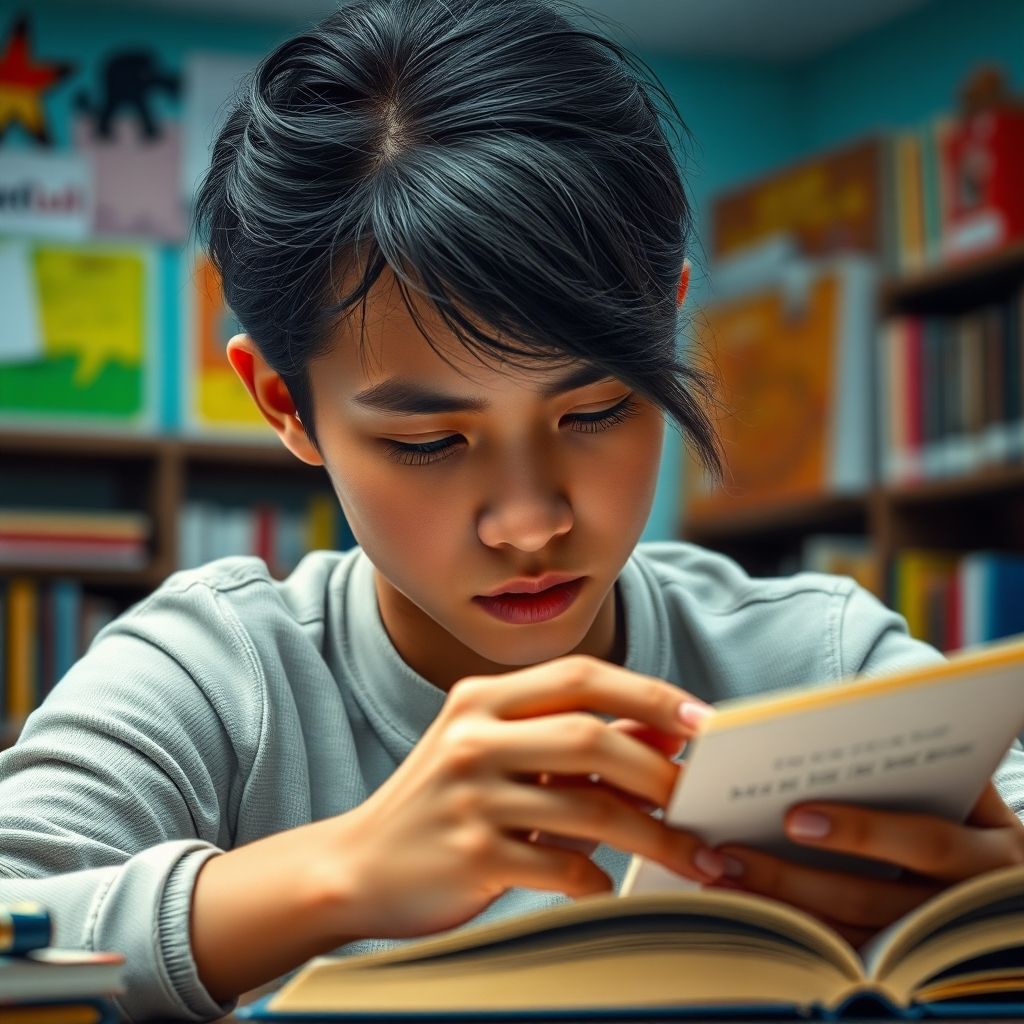 University student reading in a vibrant study environment.