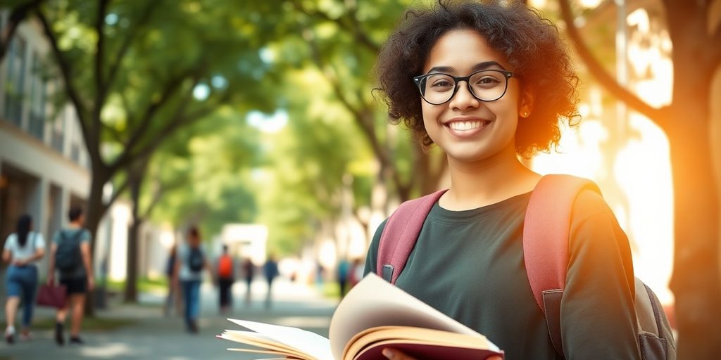 University student in dynamic campus environment with books.