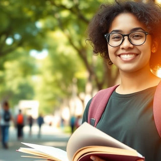 University student in dynamic campus environment with books.