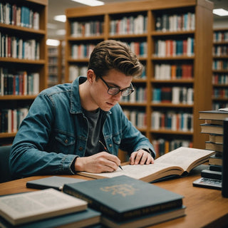 Student searching for thesis literature in a library