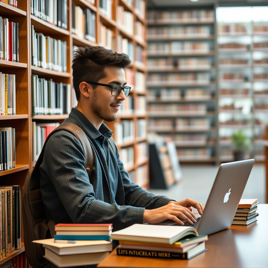 Mahasiswa di perpustakaan dengan buku dan laptop.