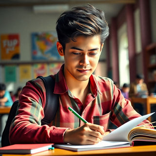 University student writing in a colorful study environment.