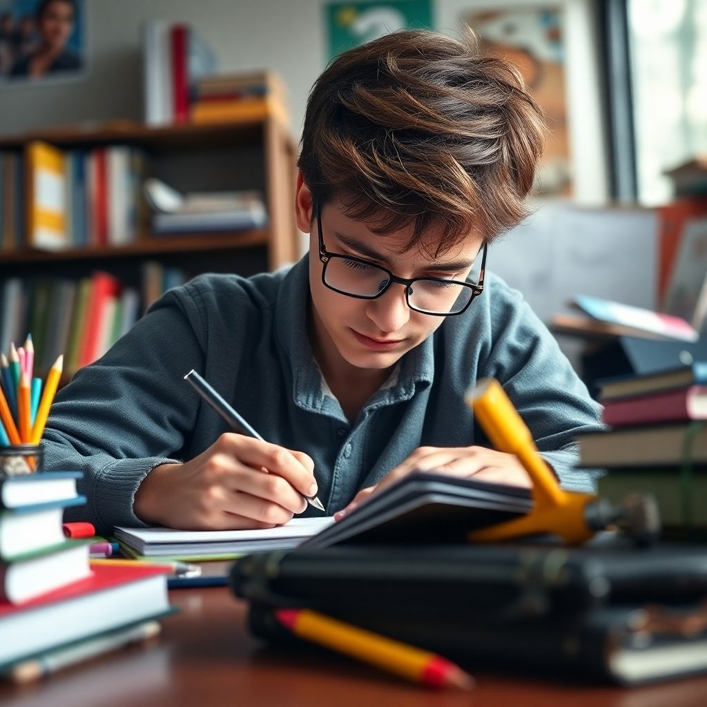 Estudante universitário escrevendo em um ambiente vibrante.