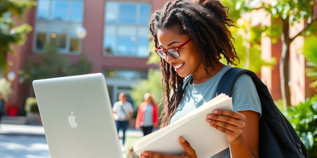 University student in a lively campus environment with books.