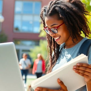 University student in a lively campus environment with books.