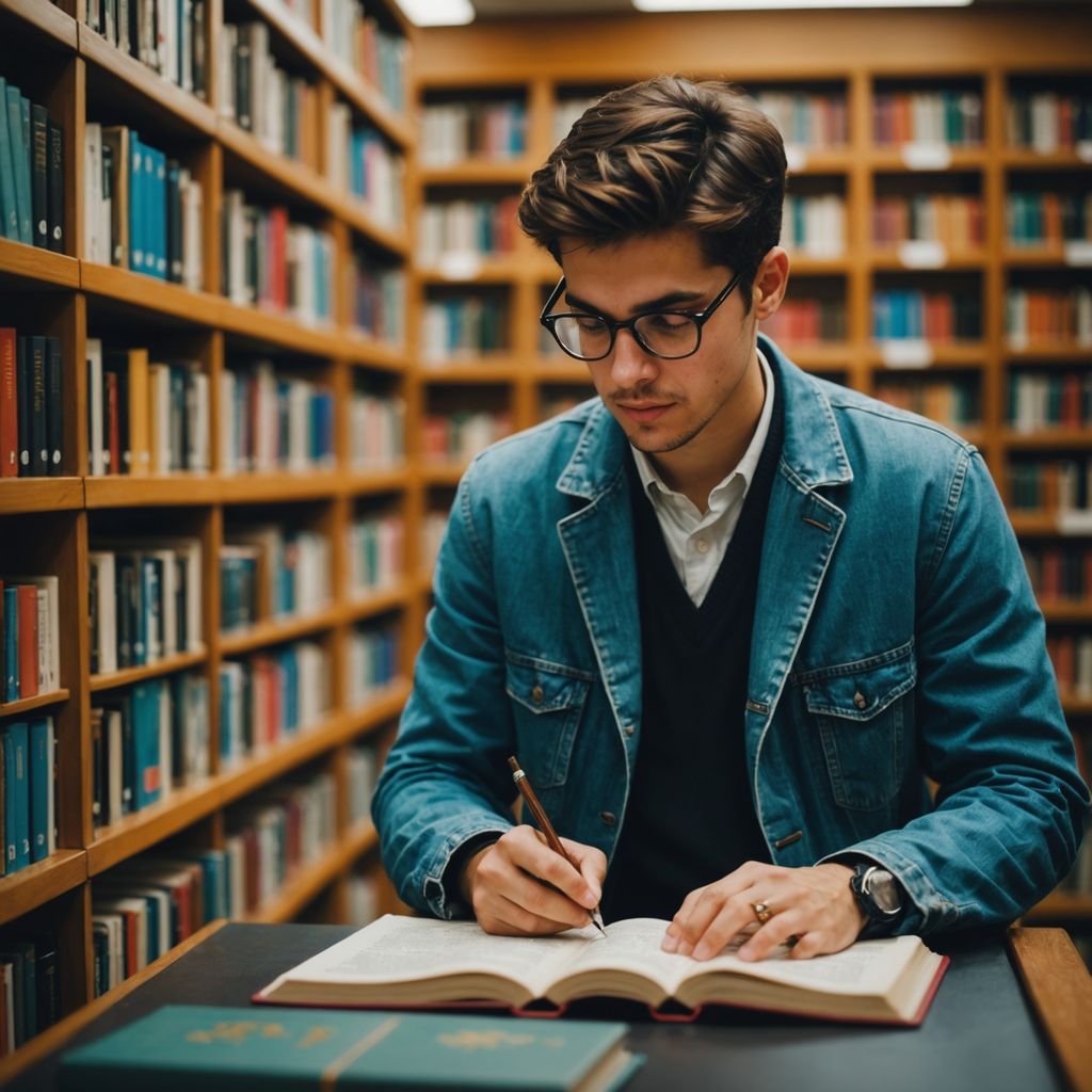 Estudiante en biblioteca escribiendo revisión de literatura