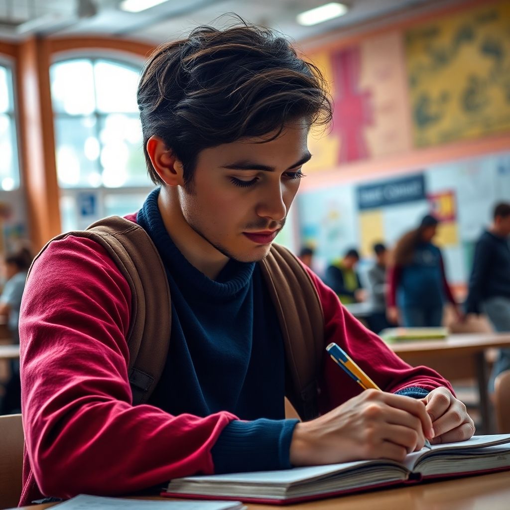 University student writing in a vibrant, colorful environment.