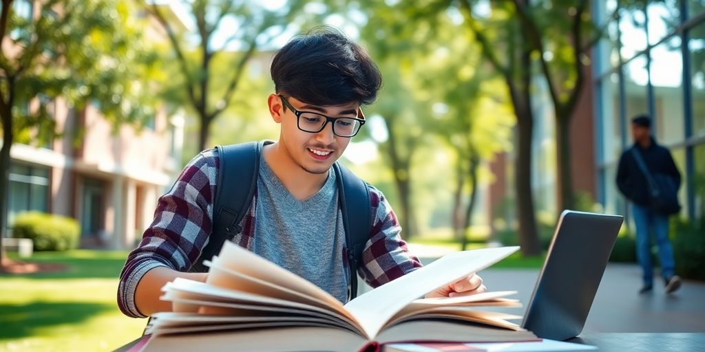 University student studying in a lively, sunlit campus.