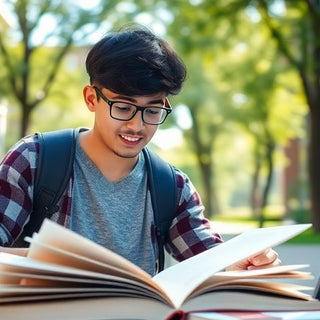 University student studying in a lively, sunlit campus.