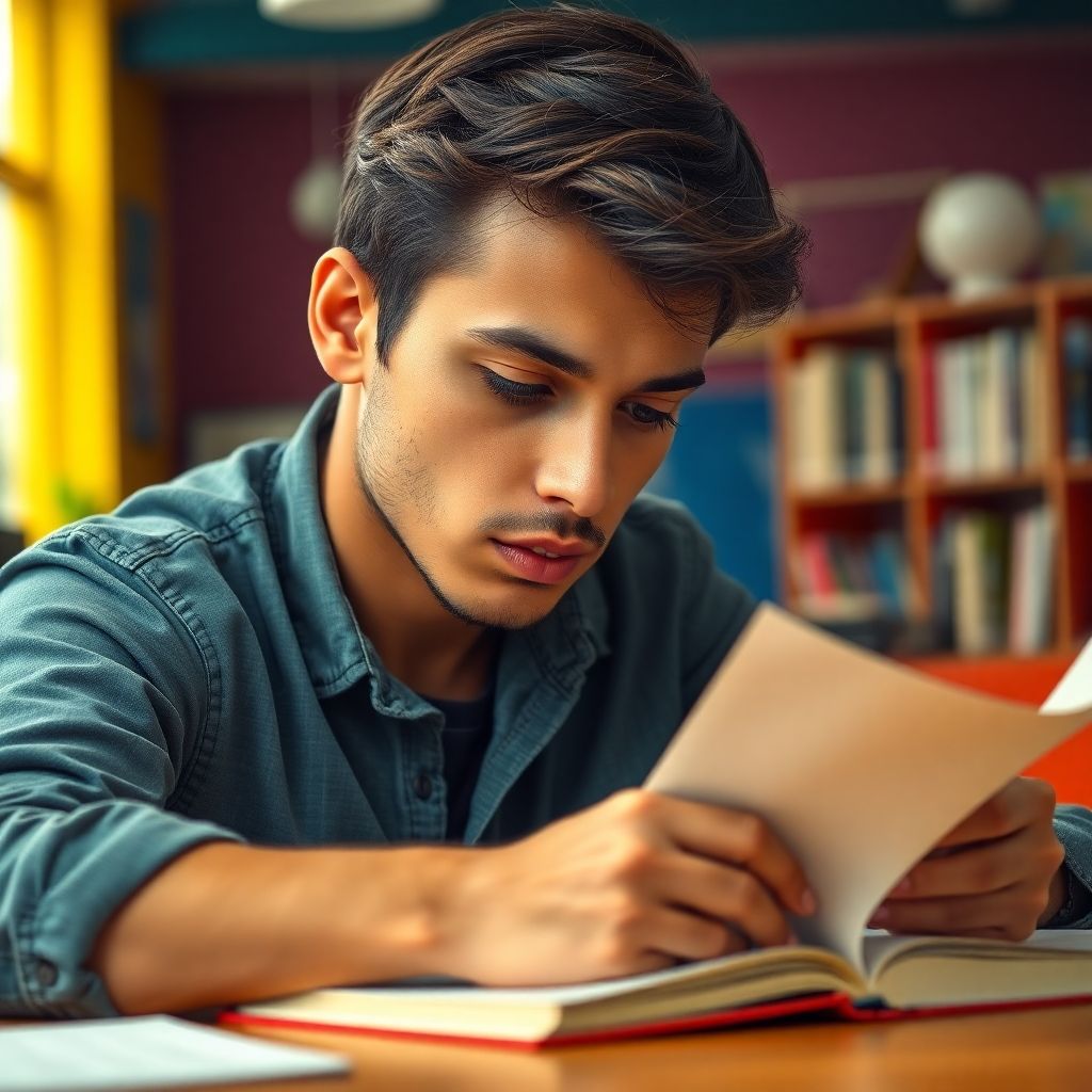 Estudiante universitario escribiendo en un entorno vibrante.