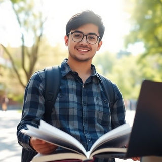 University student in a lively campus with books and laptop.