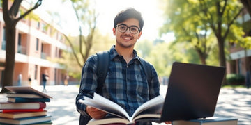 University student in a lively campus with books and laptop.