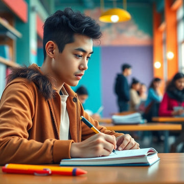 Estudante universitário escrevendo em um ambiente vibrante.